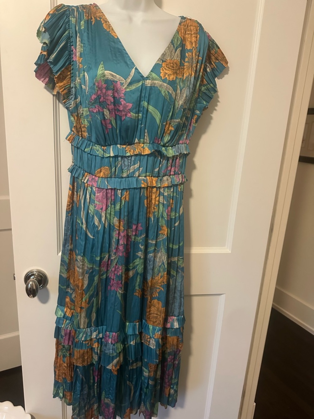 Current Air Teal Floral Midi Dress with Ruffled Tiers
